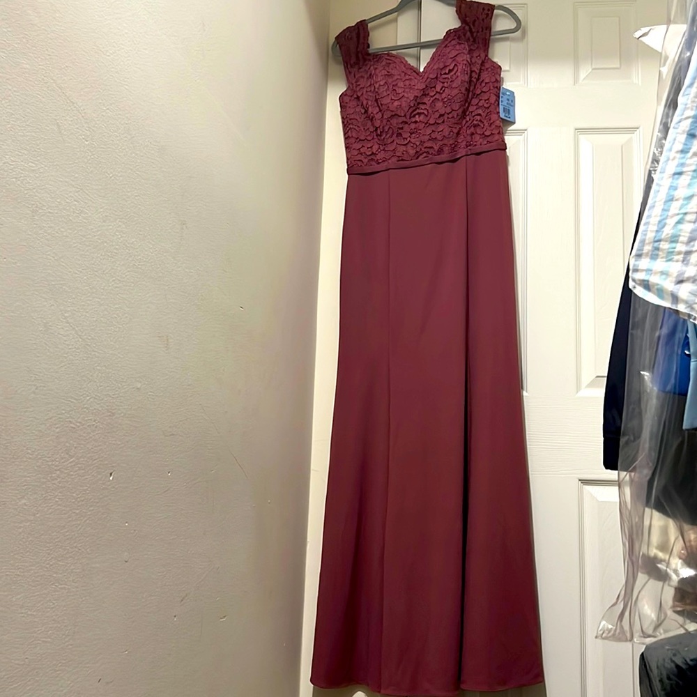 David’s Bridal Dress. Size 10 and the color is Chianti.